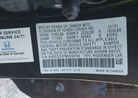 2021 Honda Civic Sport из США, поврежденный, VIN 2HGFC2F87MH536764